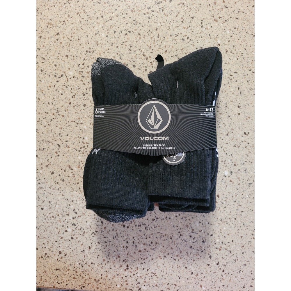 6-Pairs Volcom Mens Size 6-12 Cushioned Crew Black Logo Socks